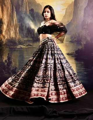 Black printed suede lehenga with a pleated embroidered blouse
