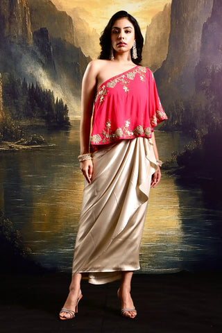 Pink hand-embroidered double georgette cape with draped skirt & top