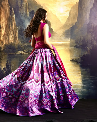 Pink satin printed lehenga with a hand-embroidered blouse & dupatta
