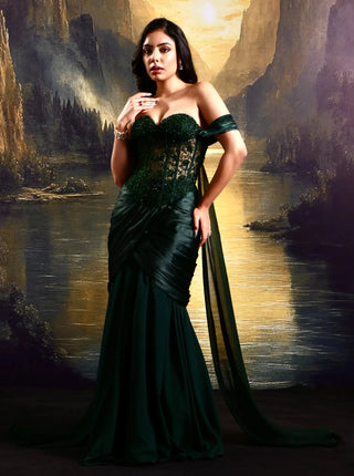 Emerald green tone-on-tone hand-embellished corset with skirt