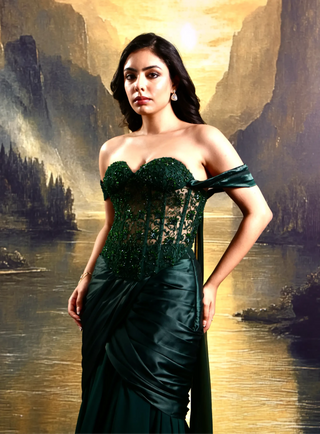 Emerald green tone-on-tone hand-embellished corset with skirt - Aayushi Maniar | Mrs. G Emerald green tone-on-tone hand-embellished corset with skirt - Aayushi Maniar | Mrs. G