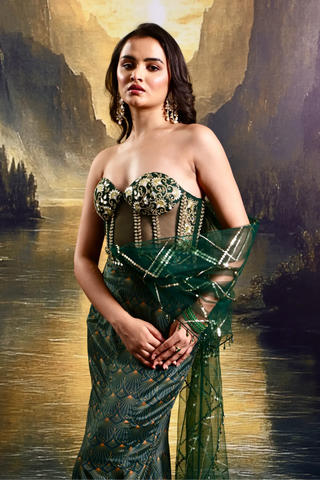 Emerald green hand-embellished corset gown in net & veil - Aayushi Maniar | Mrs. G Emerald green hand-embellished corset gown in net & veil - Aayushi Maniar | Mrs. G