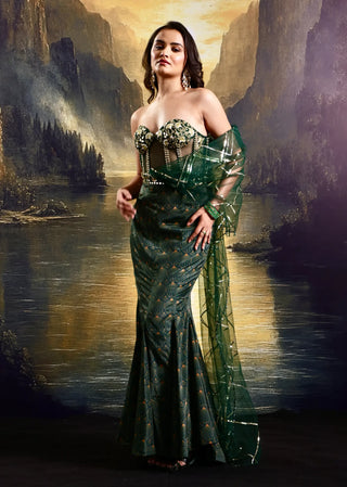 Emerald green hand-embellished corset gown in net & veil - Aayushi Maniar | Mrs. G Emerald green hand-embellished corset gown in net & veil - Aayushi Maniar | Mrs. G