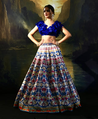 Multicolor silk lehenga with a ruffled satin blouse