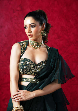 Lara green ruffle saree set