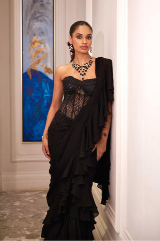 Black ira ruffle saree set with corset