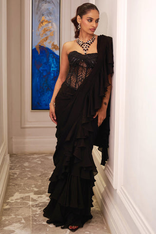 Black ira ruffle saree set with corset