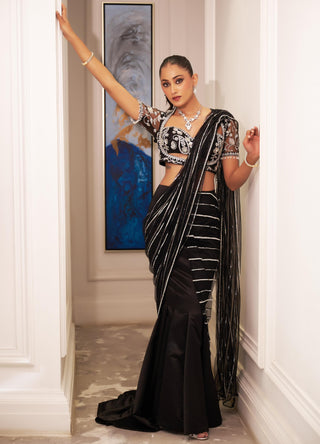 Black lana fishtail lehenga saree set