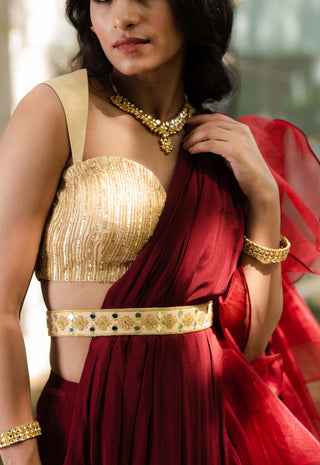 Lasha maroon draped ruffle saree set