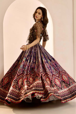 Sanjh multicolor embroidered lehenga and cape set