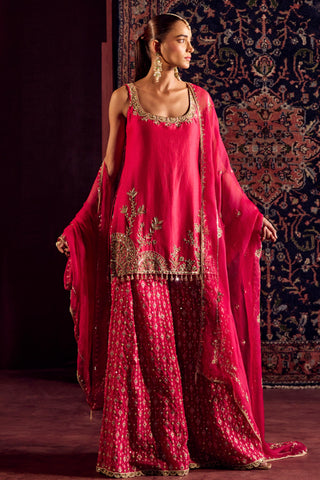 Sharara Set For Indian Wedding - Pink Silk Brocade Sharara by Prevasu