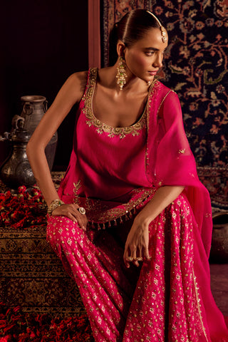 Sharara Set For Indian Wedding - Pink Silk Brocade Sharara by Prevasu