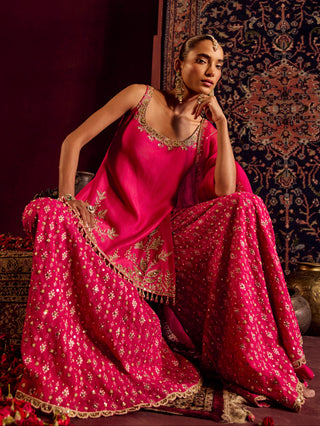 Sharara Set For Indian Wedding - Pink Silk Brocade Sharara by Prevasu