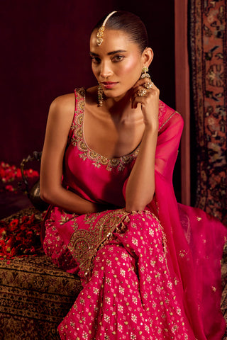 Sharara Set For Indian Wedding - Pink Silk Brocade Sharara by Prevasu