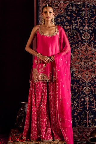 Sharara Set For Indian Wedding - Pink Silk Brocade Sharara by Prevasu
