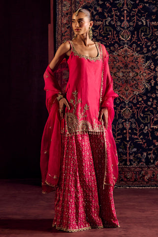 Sharara Set For Indian Wedding - Pink Silk Brocade Sharara by Prevasu