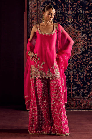 Sharara Set For Indian Wedding - Pink Silk Brocade Sharara by Prevasu