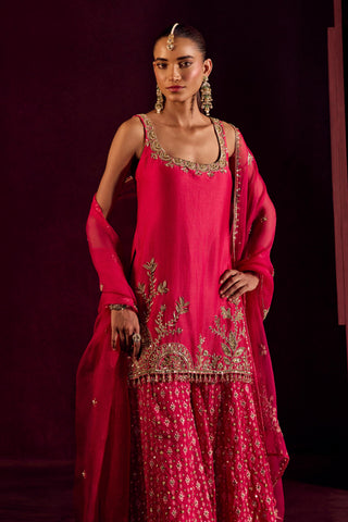 Sharara Set For Indian Wedding - Pink Silk Brocade Sharara by Prevasu