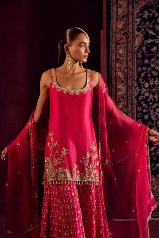 Sharara Set For Indian Wedding - Pink Silk Brocade Sharara by Prevasu