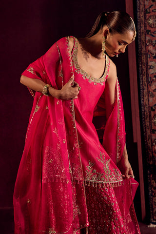 Sharara Set For Indian Wedding - Pink Silk Brocade Sharara by Prevasu