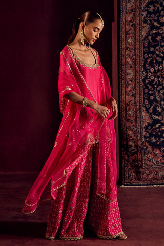 Sharara Set For Indian Wedding - Pink Silk Brocade Sharara by Prevasu