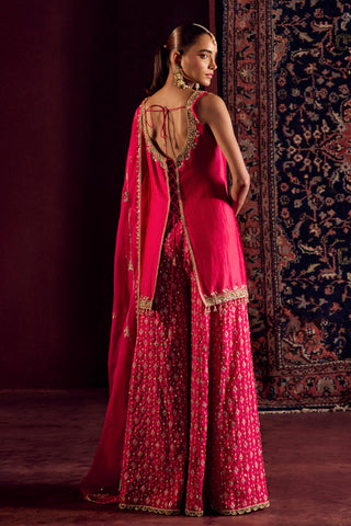 Sharara Set For Indian Wedding - Pink Silk Brocade Sharara by Prevasu