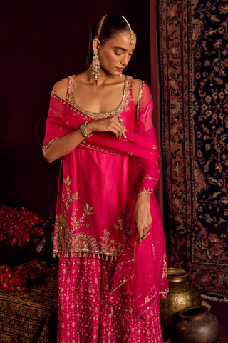 Sharara Set For Indian Wedding - Pink Silk Brocade Sharara by Prevasu