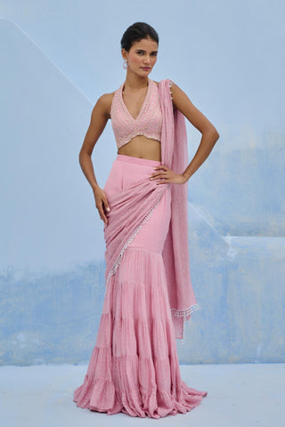 Pre Drape Saree Indian Wedding - Pink Razia Saree by Chamee & Palak