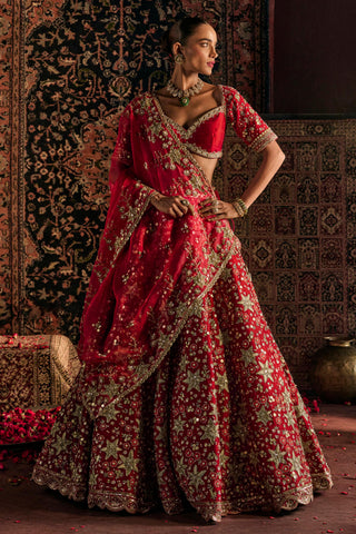 Lehenga Set For Indian Wedding - Red Munira Bridal Lehenga by Prevasu