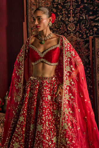 Lehenga Set For Indian Wedding - Red Munira Bridal Lehenga by Prevasu