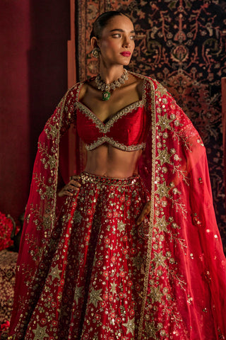 Lehenga Set For Indian Wedding - Red Munira Bridal Lehenga by Prevasu