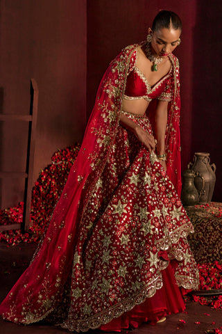 Lehenga Set For Indian Wedding - Red Munira Bridal Lehenga by Prevasu