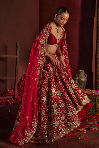 Lehenga Set For Indian Wedding - Red Munira Bridal Lehenga by Prevasu