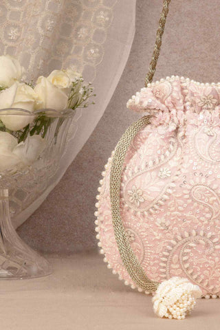 Pink rhea threadwork potli