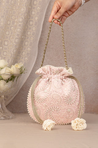 Pink rhea threadwork potli