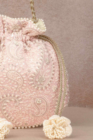 Pink rhea threadwork potli