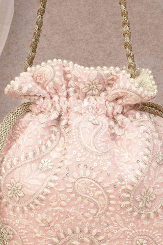 Pink rhea threadwork potli