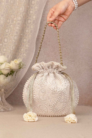 Gray rhea threadwork potli