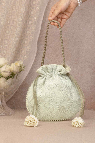 Green rhea threadwork potli