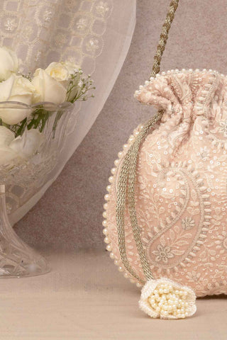 Peach rhea threadwork potli