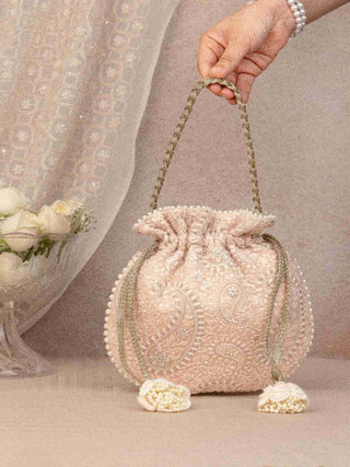 Peach rhea threadwork potli