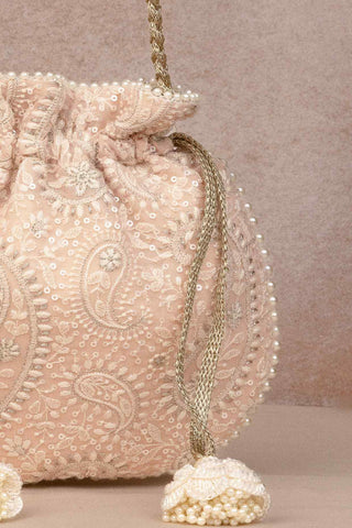 Peach rhea threadwork potli