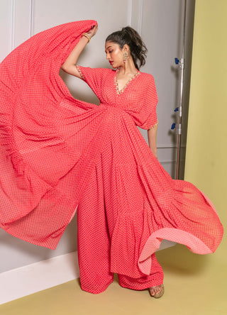 Pink print layered kaftan and wide pants