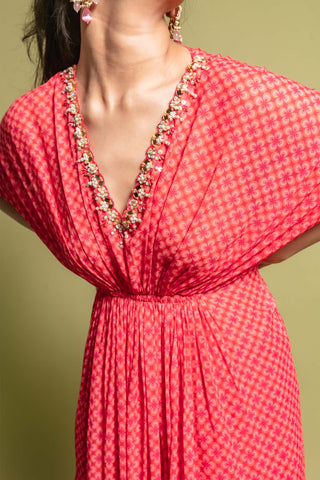 Pink print layered kaftan and wide pants