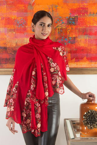 Stole Indian Wedding - Red Rose Blossom Flounce Wool Silk by Mauli