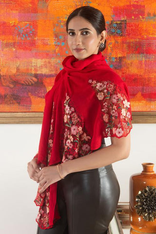 Stole Indian Wedding - Red Rose Blossom Flounce Wool Silk by Mauli