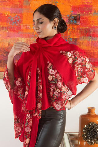 Stole Indian Wedding - Red Rose Blossom Flounce Wool Silk by Mauli