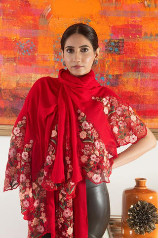 Stole Indian Wedding - Red Rose Blossom Flounce Wool Silk by Mauli
