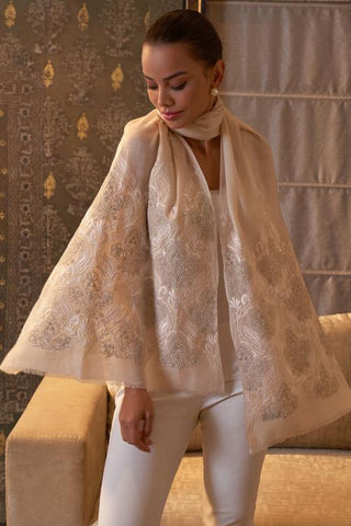 Stole Indian Wedding Wear - Beige Royal Crest Wool Silk by Mauli