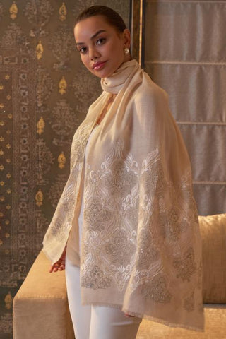 Stole Indian Wedding Wear - Beige Royal Crest Wool Silk by Mauli